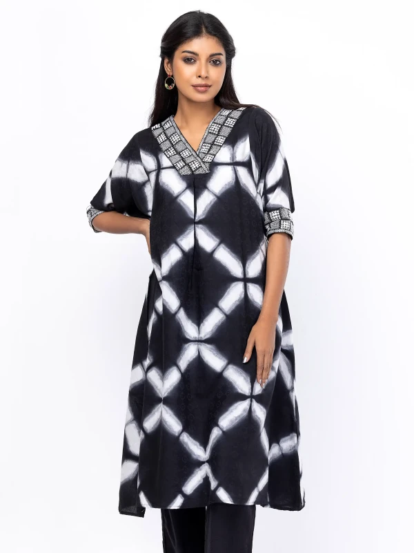 Black Dyed and Embroidered Cotton Kurta