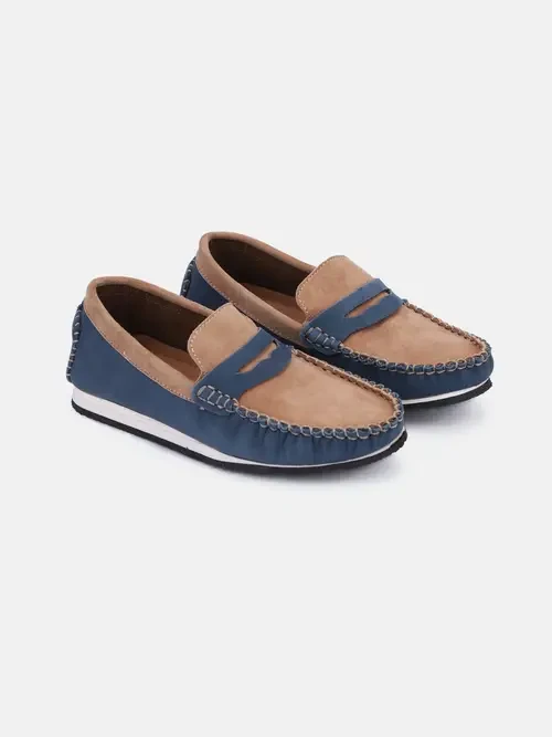 Blue/Beige Suede Leather Moccasin Shoes