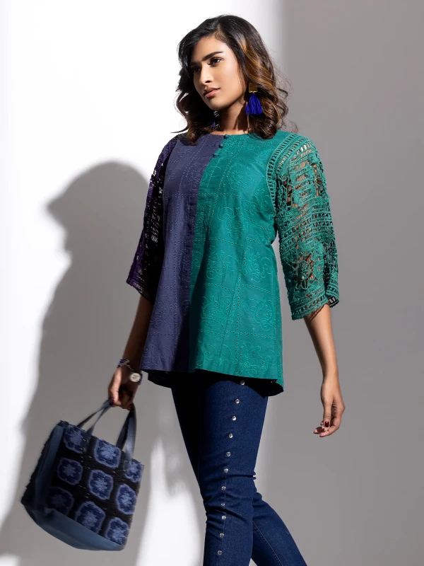 Green/Purple Embroidered Cotton Taaga Top