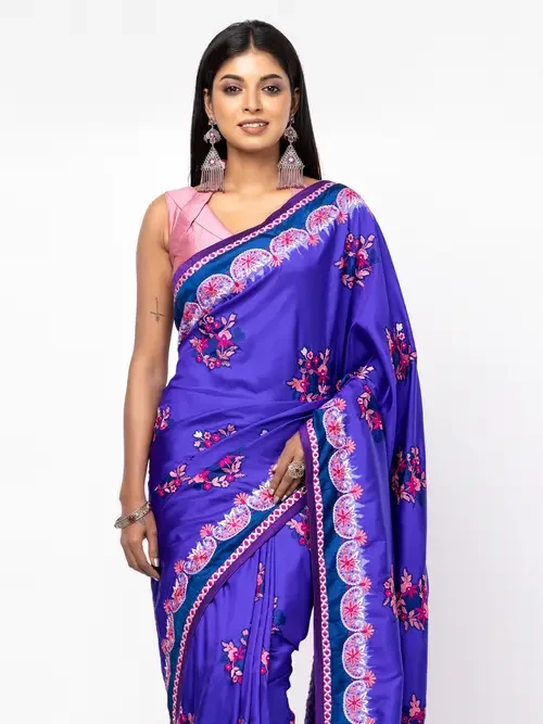 Purple Blue Tie-Dyed and Embroidered Silk Saree