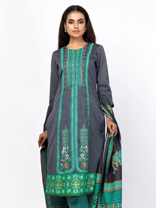 Grey Printed and Embroidered Cotton Shalwar Kameez