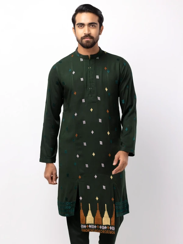 Bottle Green Embroidered Viscose-Cotton Slim Fit Panjabi Pajama Set