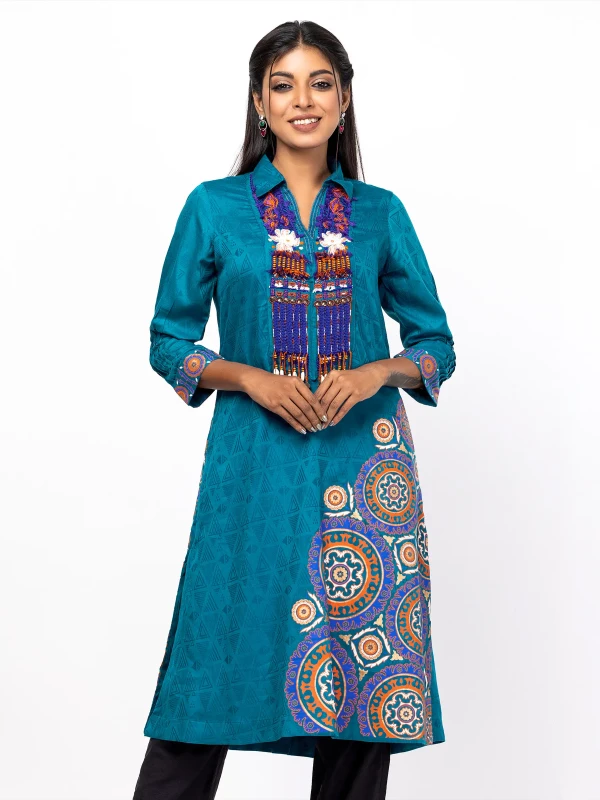 Teal Blue Printed and Embroidered Viscose-Cotton Kurta