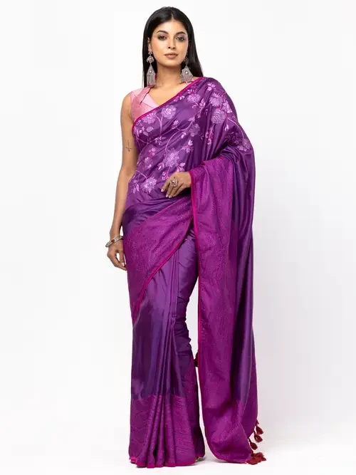 Purple Embroidered Silk Saree