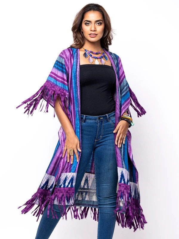 Purple/Blue Printed and Brush Painted Endi Silk Taaga Shrug